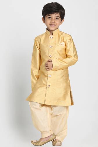 Boys Light Yellow Silk Blend Indowestern Sherwani And Patiala Style Dhoti Set