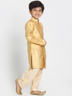  Light Yellow Silk Blend Indowestern Sherwani And Patiala Style Dhoti Set 2