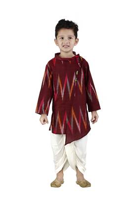 Maroon printed cotton boys-dhoti-kurta 1