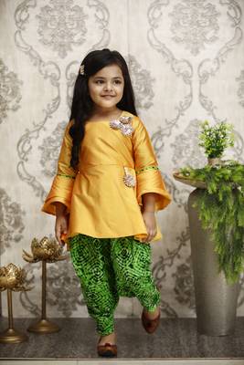 Yellow printed silk girls-top-bottom 1