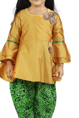 Yellow printed silk girls-top-bottom 4
