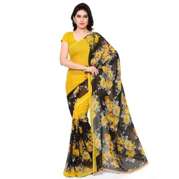 Yellow printed georgette saree with blouse 1