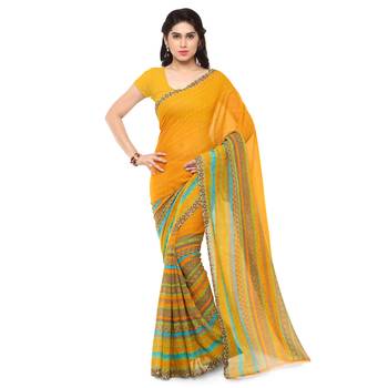 Yellow printed georgette saree with blouse 1
