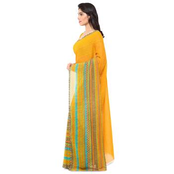 Yellow printed georgette saree with blouse 2