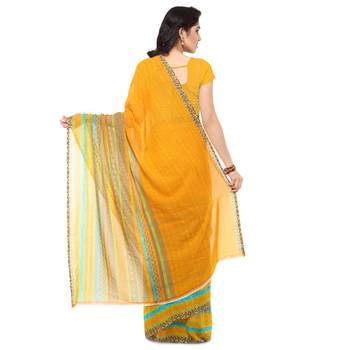 Yellow printed georgette saree with blouse 3