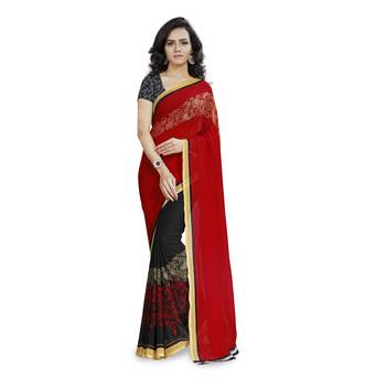 Red printed georgette saree with blouse 1