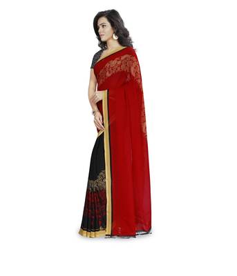 Red printed georgette saree with blouse 2