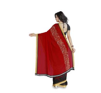 Red printed georgette saree with blouse 3