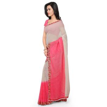 Light red printed georgette saree with blouse 2