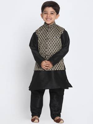  Black And Gold Silk Blend Jacket, Kurta And Pyjama Set 1