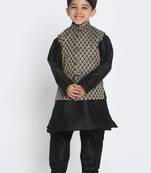  Black And Gold Silk Blend Jacket, Kurta And Pyjama Set