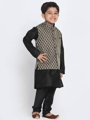  Black And Gold Silk Blend Jacket, Kurta And Pyjama Set 2
