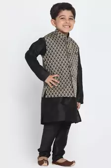  Black And Gold Silk Blend Jacket, Kurta And Pyjama Set