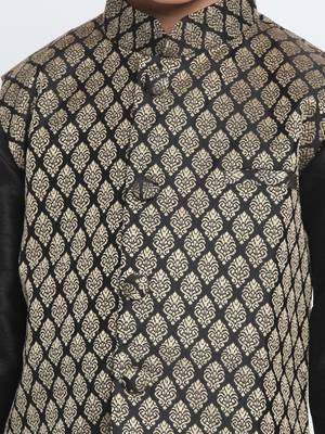  Black And Gold Silk Blend Jacket, Kurta And Pyjama Set 3