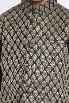  Black And Gold Silk Blend Jacket, Kurta And Pyjama Set