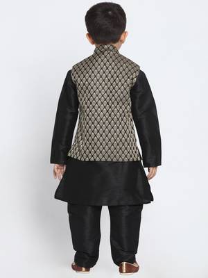  Black And Gold Silk Blend Jacket, Kurta And Pyjama Set 4