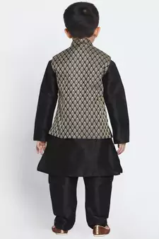  Black And Gold Silk Blend Jacket, Kurta And Pyjama Set