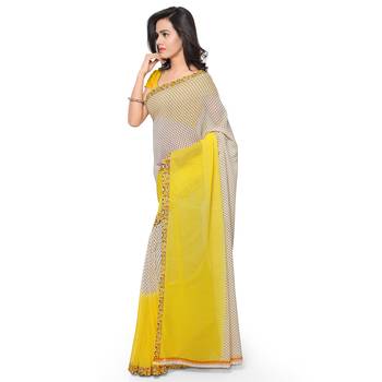 Light yellow printed georgette saree with blouse 2