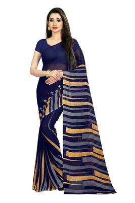 Navy blue printed georgette saree with blouse 1