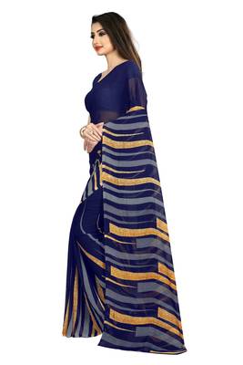 Navy blue printed georgette saree with blouse 2
