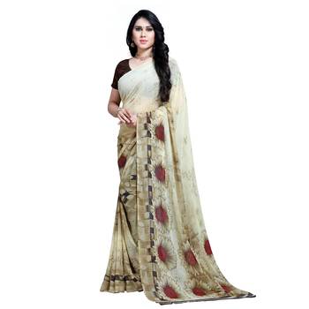 Off white printed georgette saree with blouse 1