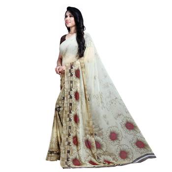 Off white printed georgette saree with blouse 2