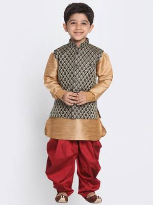  Rose Gold And Black Silk Blend Jacket, Kurta And Dhoti Set 1