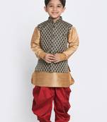  Rose Gold And Black Silk Blend Jacket, Kurta And Dhoti Set