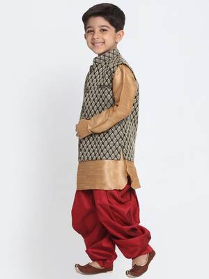  Rose Gold And Black Silk Blend Jacket, Kurta And Dhoti Set 2