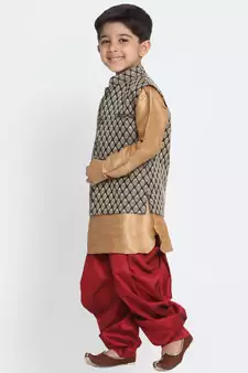  Rose Gold And Black Silk Blend Jacket, Kurta And Dhoti Set
