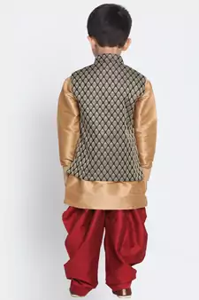  Rose Gold And Black Silk Blend Jacket, Kurta And Dhoti Set