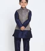  Navy Blue And Gold Silk Blend Jacket, Kurta And Pyjama Set