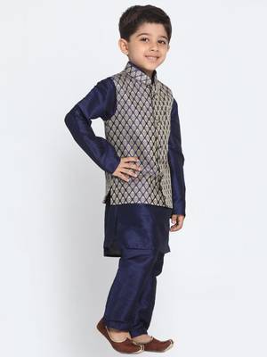  Navy Blue And Gold Silk Blend Jacket, Kurta And Pyjama Set 2