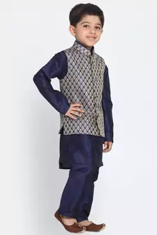  Navy Blue And Gold Silk Blend Jacket, Kurta And Pyjama Set