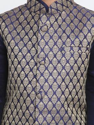  Navy Blue And Gold Silk Blend Jacket, Kurta And Pyjama Set 3