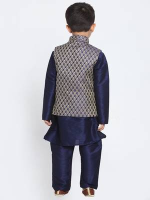  Navy Blue And Gold Silk Blend Jacket, Kurta And Pyjama Set 4