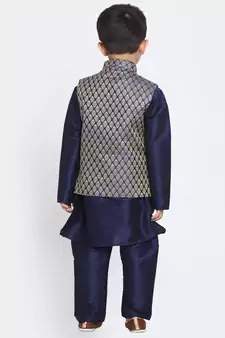  Navy Blue And Gold Silk Blend Jacket, Kurta And Pyjama Set