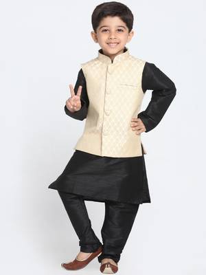  Cream And Black Silk Blend Jacket, Kurta And Pyjama Set 1