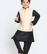  Cream And Black Silk Blend Jacket, Kurta And Pyjama Set