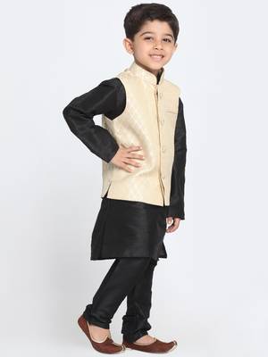  Cream And Black Silk Blend Jacket, Kurta And Pyjama Set 2