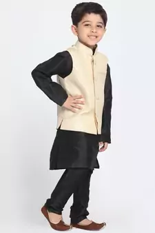  Cream And Black Silk Blend Jacket, Kurta And Pyjama Set