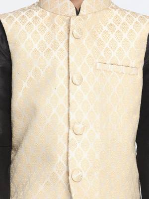  Cream And Black Silk Blend Jacket, Kurta And Pyjama Set 3