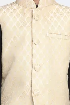  Cream And Black Silk Blend Jacket, Kurta And Pyjama Set