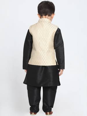  Cream And Black Silk Blend Jacket, Kurta And Pyjama Set 4