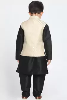 Cream And Black Silk Blend Jacket, Kurta And Pyjama Set