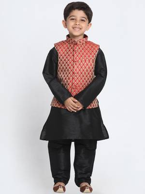  Black, Maroon And Gold Silk Blend Jacket, Kurta And Pyjama Set 1
