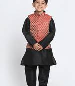  Black, Maroon And Gold Silk Blend Jacket, Kurta And Pyjama Set