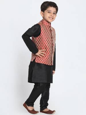  Black, Maroon And Gold Silk Blend Jacket, Kurta And Pyjama Set 2
