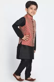  Black, Maroon And Gold Silk Blend Jacket, Kurta And Pyjama Set