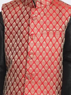  Black, Maroon And Gold Silk Blend Jacket, Kurta And Pyjama Set 3